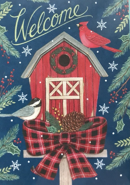 New Rain or Shine Welcome Cardinal Red Barn Birdhouse Snow Garden Flag 12.5"x18"