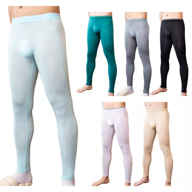 Men's Ice Silk Sheer Leggings Fitness Tight Long Johns Pants Stretch  Underpants
