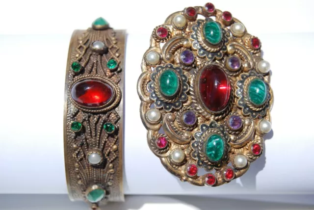 Antique Neiger Czech Glass Jeweled Cabochon Baroque Faux Pearl Bracelet Brooch