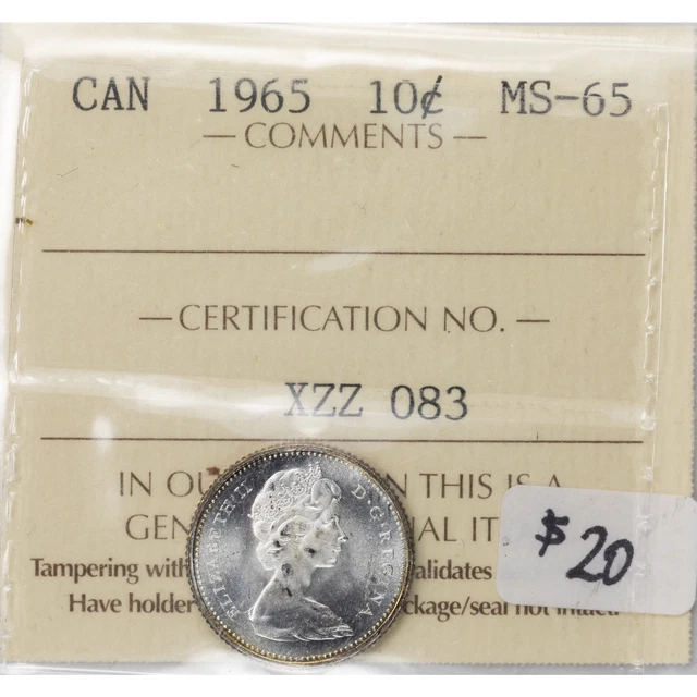 Canada 1965 10 Ten Cents Silver Coin - ICCS MS-65