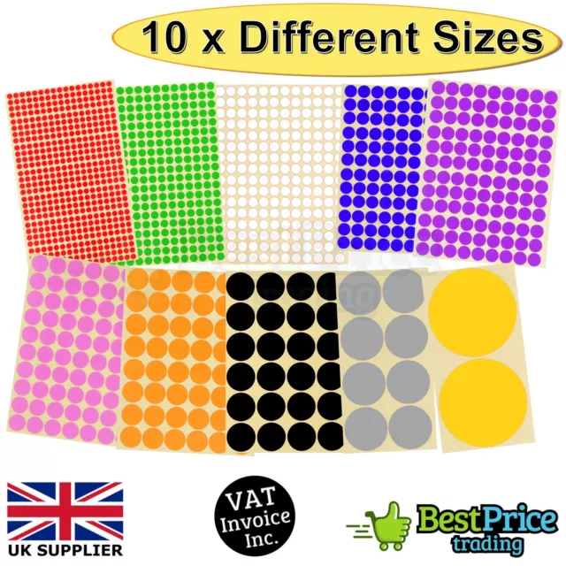 ANY SIZE Coloured Dot Stickers Round Spot Circles Dots Paper Labels *13 COLOURS 2