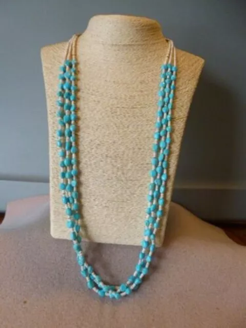 Vintage Natural Sleeping Beauty Turquoise Nugget Three Strand Navajo Necklace