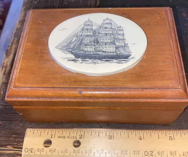Replica Scrimshaw Ship Wood  Box With Seahorse Inside
