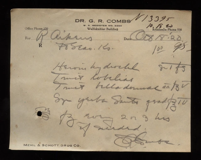 DR G.R. COMBS Leavenworth KS Kansas Handwritten HEROIN Prescription 1920 #11
