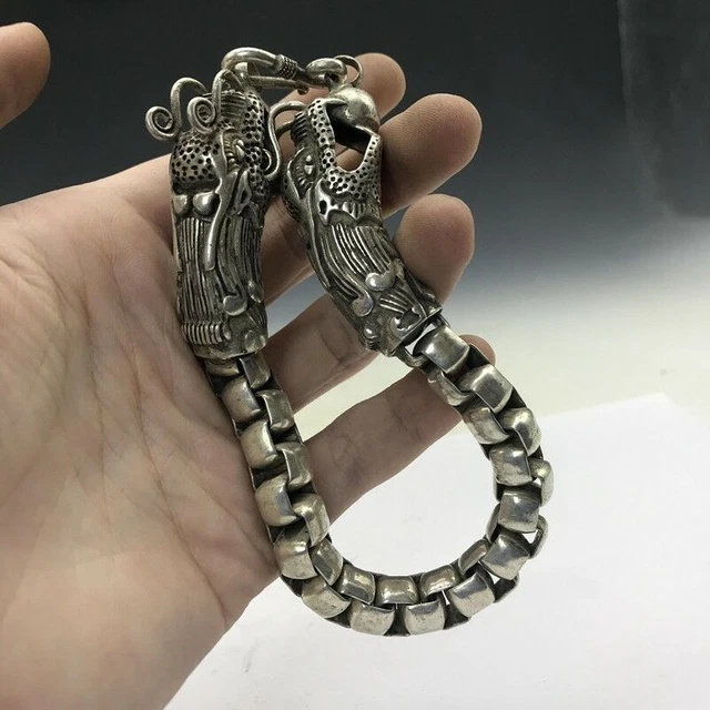 Exquisite Old Chinese Tibet silver Handmade double Dragon head Bracelet 5901