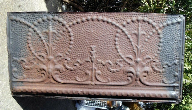 Antique Gothic Quatrefoil Ceiling Tin Tile Back-Splash Pie Safe Cabinet Door