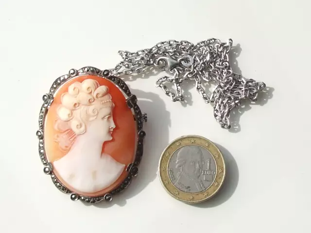 BEAU et GRAND PENDENTIF (ou Broche) ANCIEN 1950 en ARGENT avec CAMEE MARCASSITE