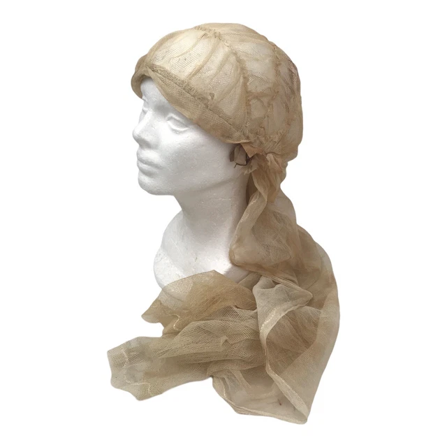 Antique 1920s Cap Bridal Veil Gauzy Lace Flowers Long Bride Wedding Hat Vintage