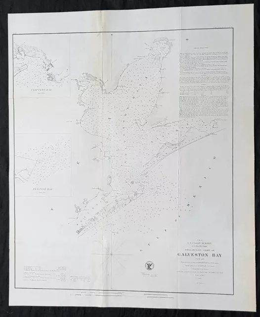 1855 US Coast Survey & Bache Antique Map of Galveston Island & Bay, Texas USA