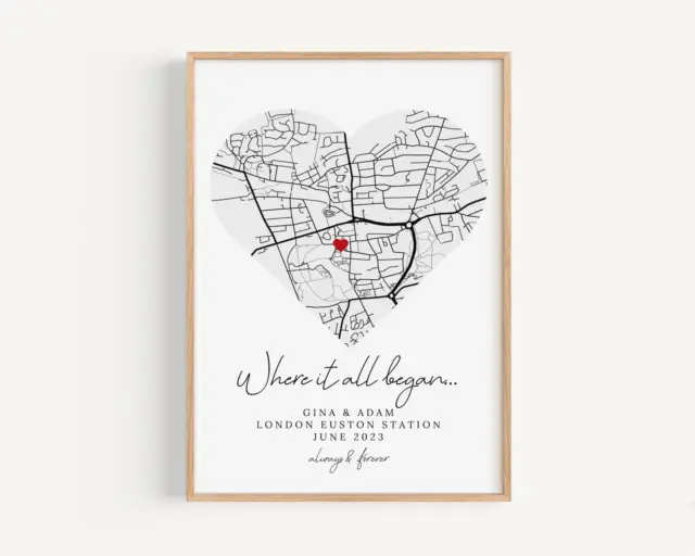 Personalised Where It All Began Heart Map Print, Valentine's Gift For Him Her