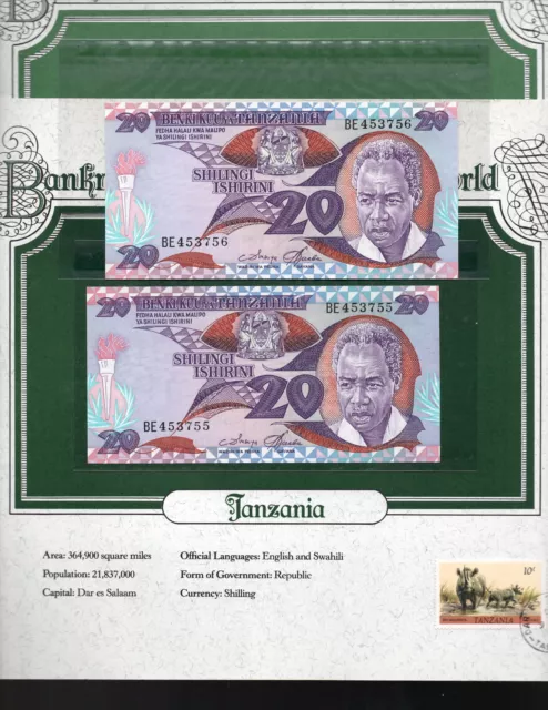 World Banknotes Tanzania 20 Shilingi 1985 P 9 UNC Prefix BE Consecutive