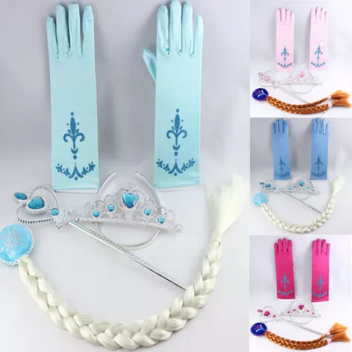 Girls Kid Frozen Elsa Anna Queen Cosplay Outfit Set Hair Braid Wand Crown Gloves