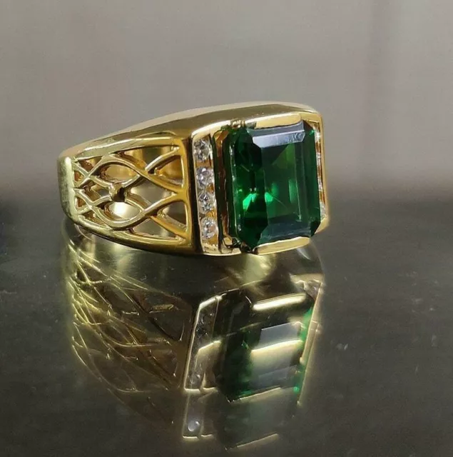 3Ct Lab Created Green Emerald Mens Engagement Ring 14K Yellow Gold Plated Silver