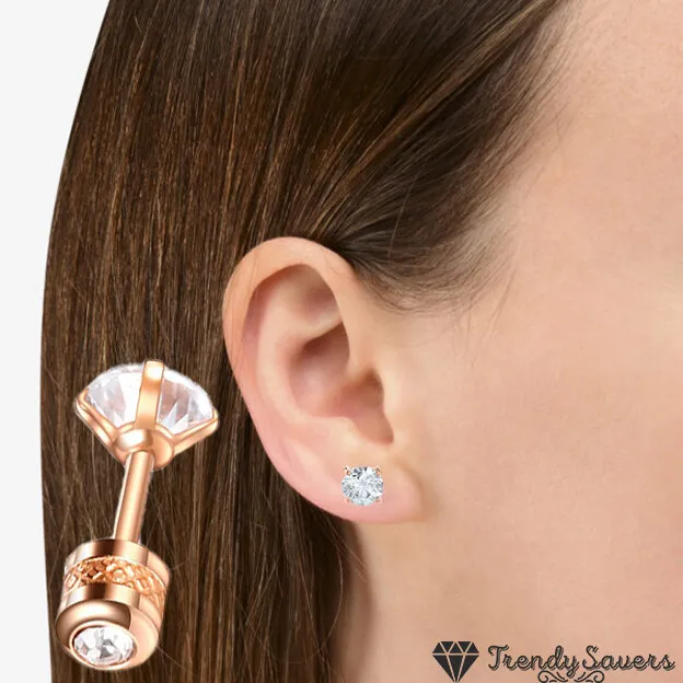 Pair of Elegant Women Stainless Steel Round Rose Gold Crystal Stud Earrings