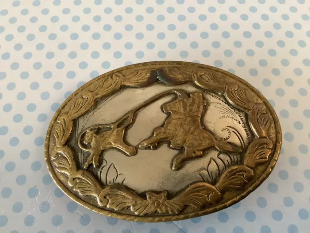 Vintage German Silver Western Belt Buckle Rodeo Cowboy Horse Equestrian Two Tone