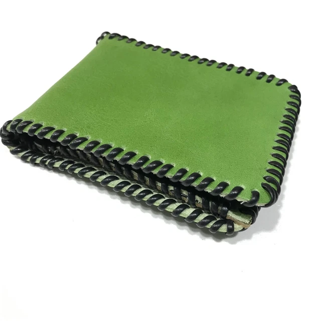 Vintage 1970s 70s Lime Green Bi Fold Leather Wallet Stitch Western VTG Italy