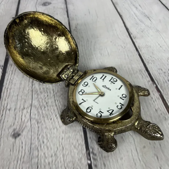 Vintage Linden Japan Brass Opening Turtle Wind Up Travel Alarm Clock Works
