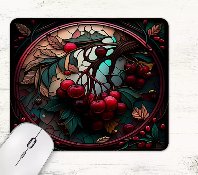 Cherries Stained Glass Design Neoprene Mouse Pad Mat Rectangle