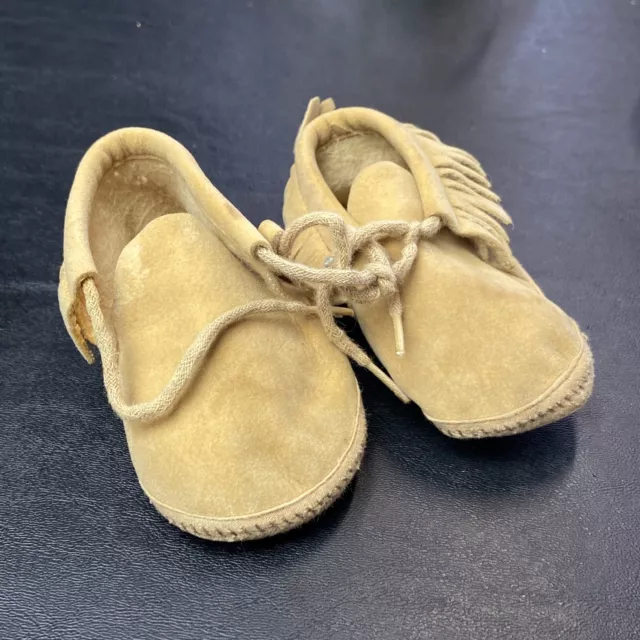 Vintage Baby Shoes 70s Brown Suede Moccasins Size 2