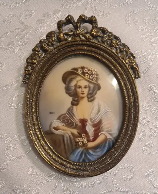 Ancien Tableau Miniature Portrait De Femme Signée