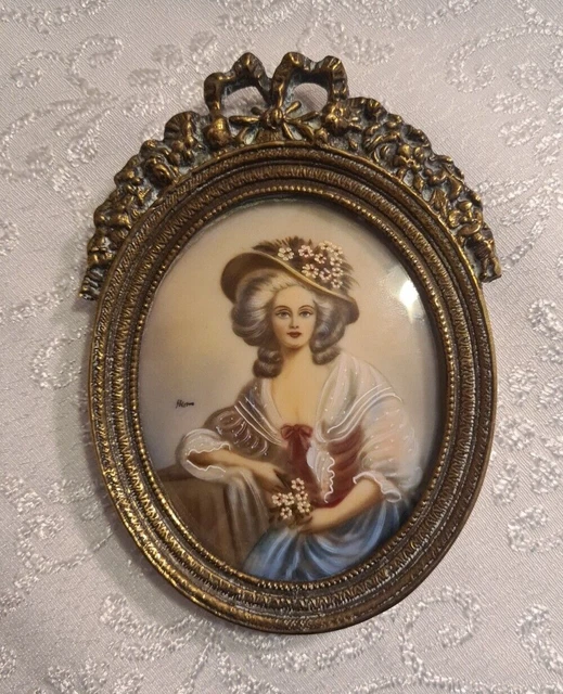 Ancien Tableau Miniature Portrait De Femme Signée