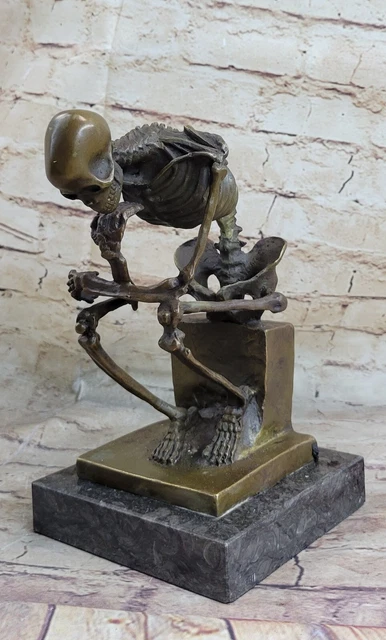 Signé, Bronze Statue, Grand Squelette Penseur, Art Figure Sculpture