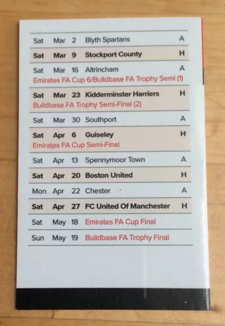 Brackley Town Football Fixture Card 2018-2019 Vanarama National League North 2