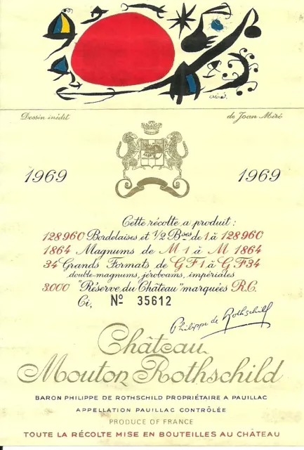 Etiquette Vin. Mouton Rothschild 1969. Numerada