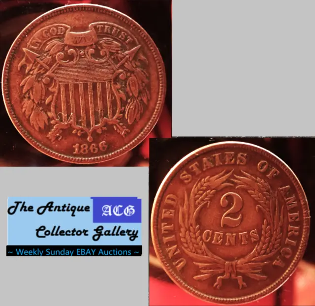 1866 US Copper Two Cent Piece 🪙 Post Civil War Era 🪙