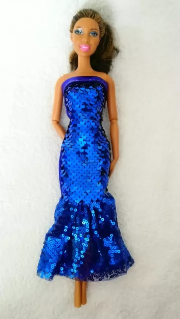 Barbie Dolls Dress Sequins Blue Silver Princess Glitter Evening Ball Gown 26