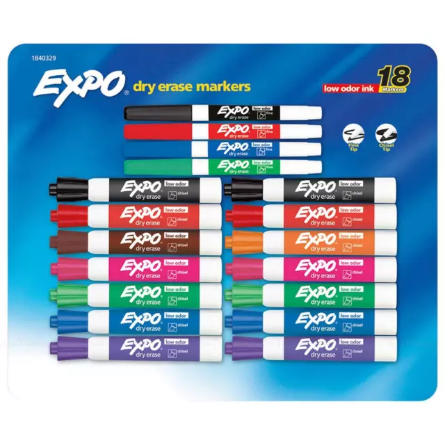 Expo Low Odor Dry Erase Markers 14 Chisel+ 4 Fine Point Tip Colour Pens 18 Pack