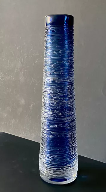 BENGT EDENFALK textured Glass Vase SKRUF Sweden 12”3/4 Blue Mid Century modern