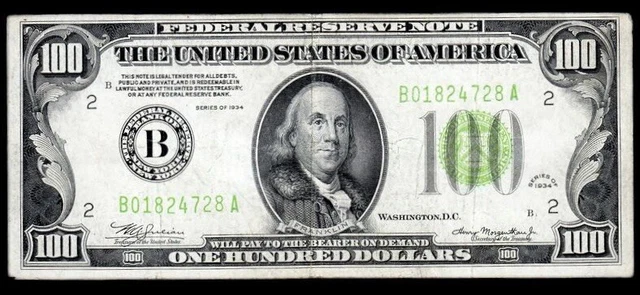 1934 New York $100 LGS(Light Green Seal) Federal Reserve Note VF