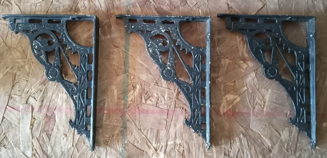 Pair Set 3 Antique CAST IRON Wall Shelf BRACKETS Ornate Deco Floral Sun Vines