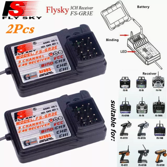 2PCS Flysky FS-GR3E 2.4G 3CH Receiver For FS-GT2 /GT2B GT3B GT3C RC Car Boat