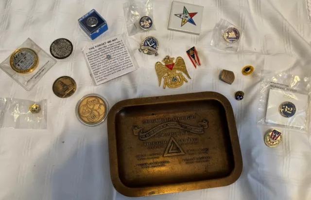 Lot Of Vintage Masonic Freemason Jewelry Order  Pin, Plate, Coins