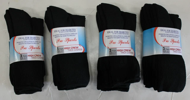 Nwt Men's*12 Pairs*Pro Sports High Crew Diabetes Socks Black Size:9-11