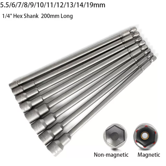 Magnetic Nut Driver Socket Or Set 200mm Long Impact Drill Bit Hex Shank 5.5-19mm