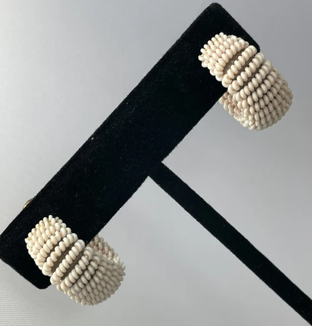 Vintage Screw Back Hoop Earrings White Glass Seed Beads Gold Tone Metal