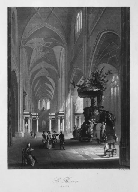 1850 Gent St. Bavon Kirche Innenansicht Belgien Belgique Stahlstich engraving