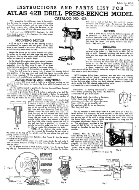 Operator Instruction & Parts Manual Fits Atlas 42B 11 3/4" inch Drill Press