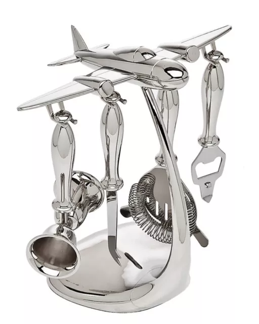 Godinger Airplane design Bar tool set & stand NWT Nickel Pilots AVIATION