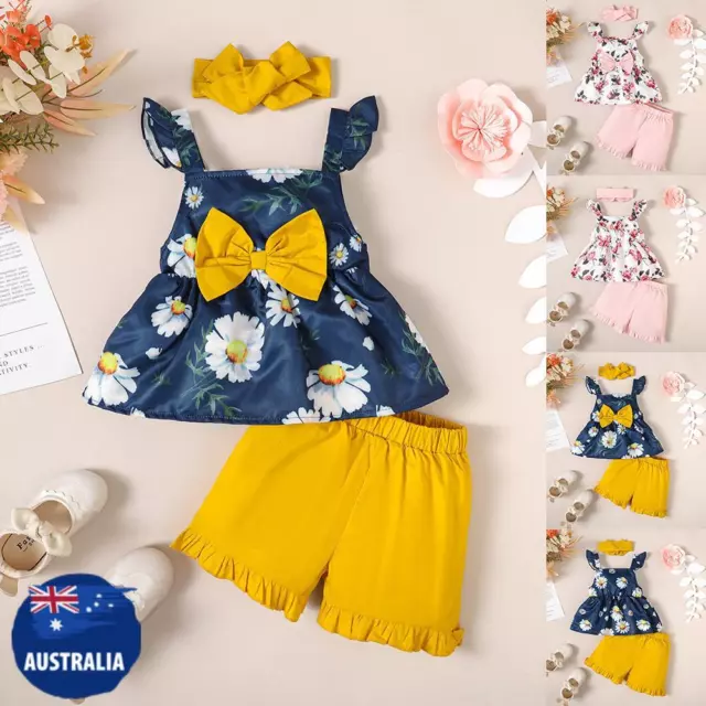 Newborn Baby Girls Sleeveless Bowknot Tops+Shorts+Headband Sets Infant Outfits