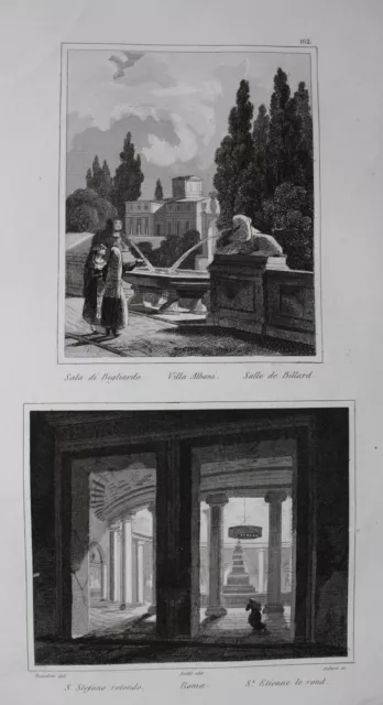 1835 - Roma Villa Albani Veduta Incisione Acquaforte Steel Engraving Audot