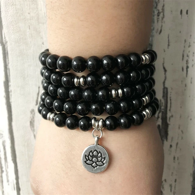 8 mm 108 perles de Bouddha onyx noir bracelet argent bouddhisme homme yoga chanceux 3
