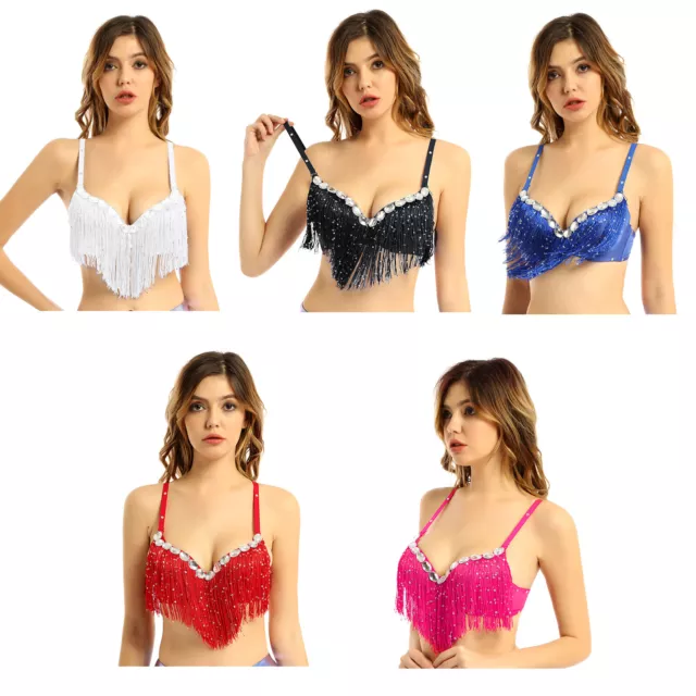 Women Belly Dance Push-Up Bra Latin Sequin Tassel Rhinestone Brassiere Tops