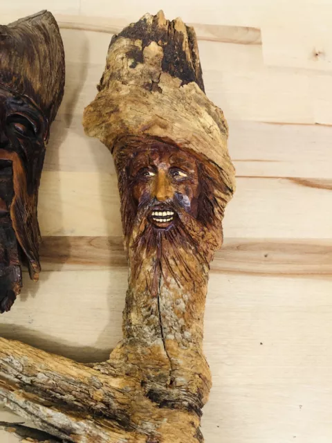 Vintage Hand Carved Wooden Beard Man Wise Face Folk Art Wood Carving Lot Of 2 2