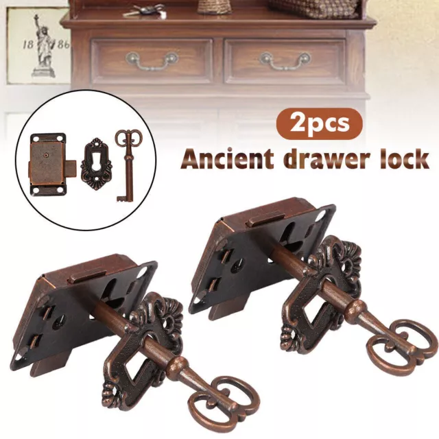 2Pc Vintage Antique Delicate Drawer Cabinet Wardrobe Cupboard Door Iron Lock Key