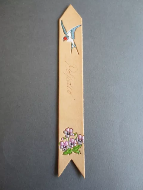 Leather BOOKMARK Cornwall Polperro Swallow Bird Pansies Hand Decorated Cornish