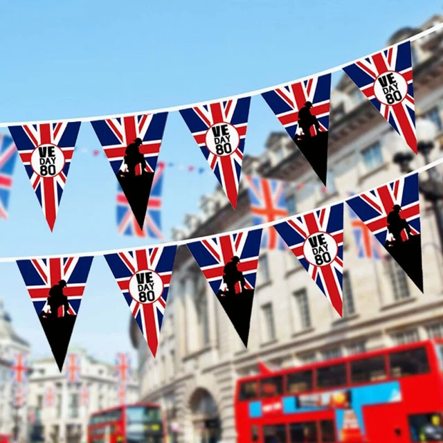 thumbnail image 2 of VE Day 80 Years Celebration Union Jack Bunting - WWII Victory In Europe, Handmade Cardboard Banner, Multicoloured 2 of 5